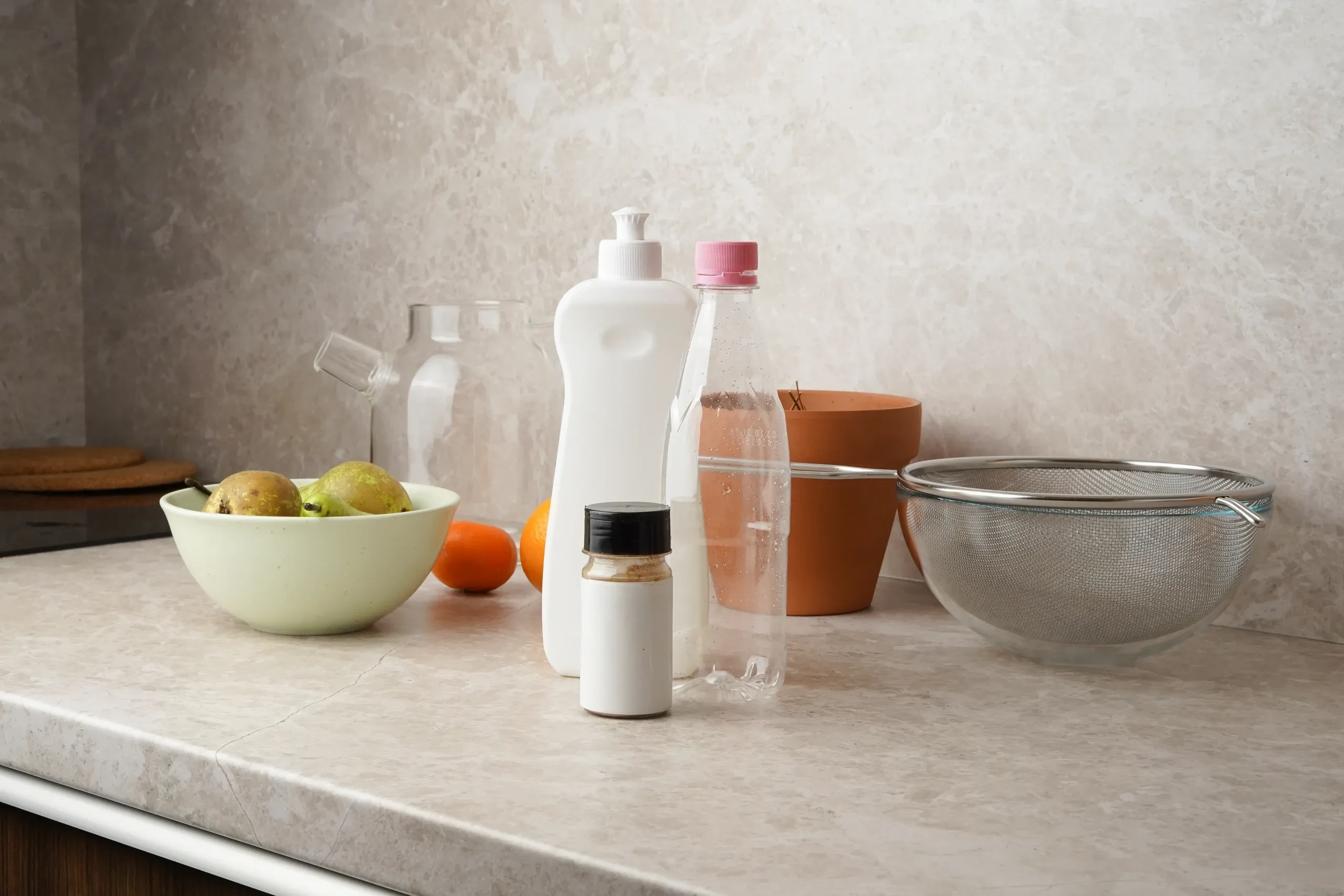 Natural home-care supplies on a kitchen counter